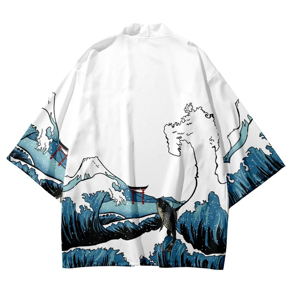 

Fashion Waves Carp Print Summer Men Beach Yukata Streetwear Cardigan Women Japanese Kimono Harajuku Traditional Blouse Haori