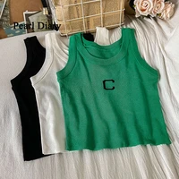 pearl diary summer new style letter embroidery round collar top women short y2k style sleeveless vest fashion thin tops