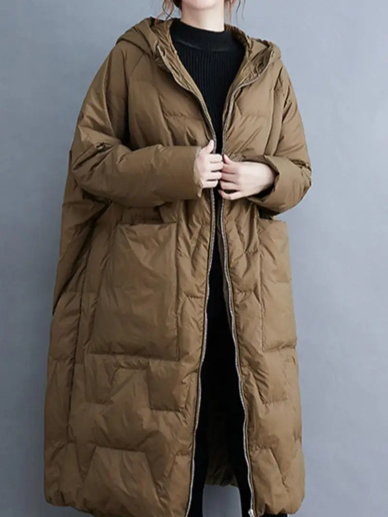 Solid Color Lightweight White Duck Down Jacket Women's 2022 New Winter Loose Long Over-the-knee Cotton Hooded Jacket Trendy