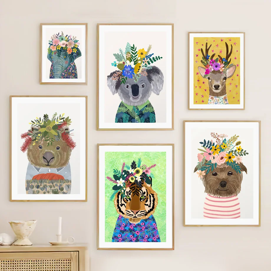 

Lion Tiger Owl Koala Deer Dog Elephant Garland Wall Art PaintingCanvas Nordic Posters And Prints Wall Pictures Kids Room Decor