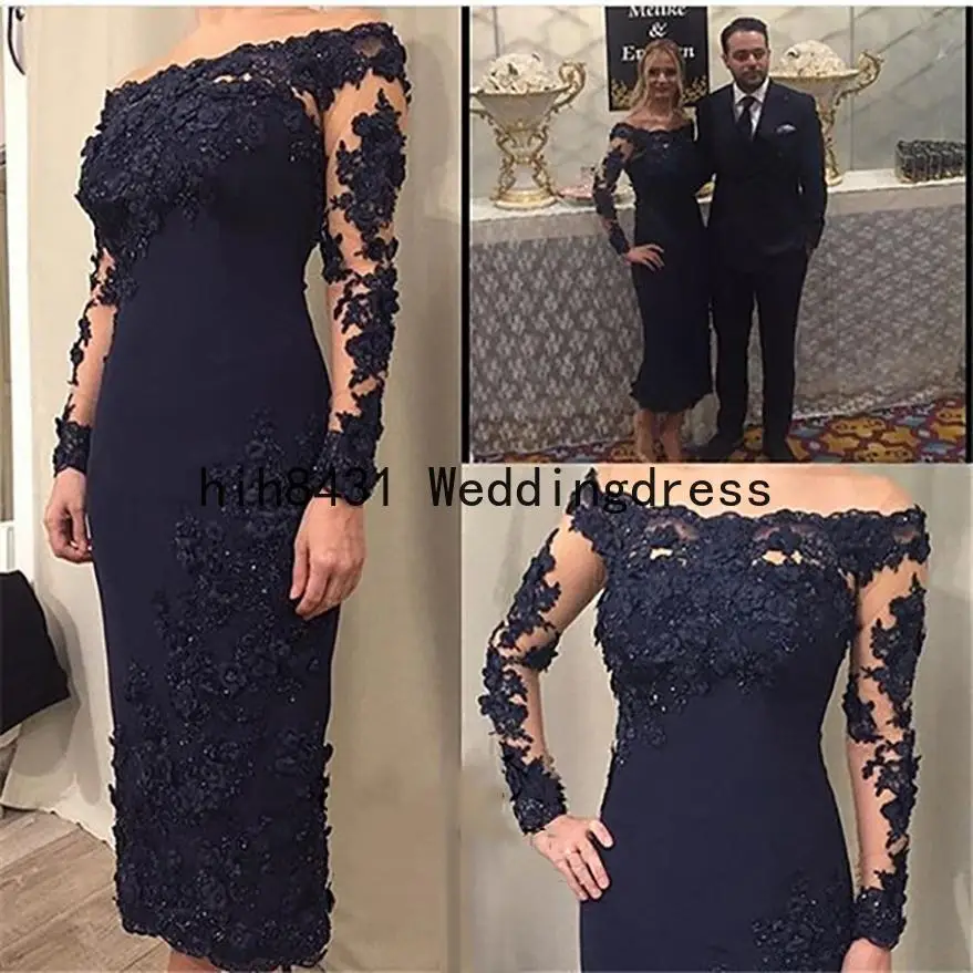 

Plus Size Mother Of The Bride Dresses Sheath Tea Length Long Sleeves Appliques Beaded Groom Mother Dresses For Weddings