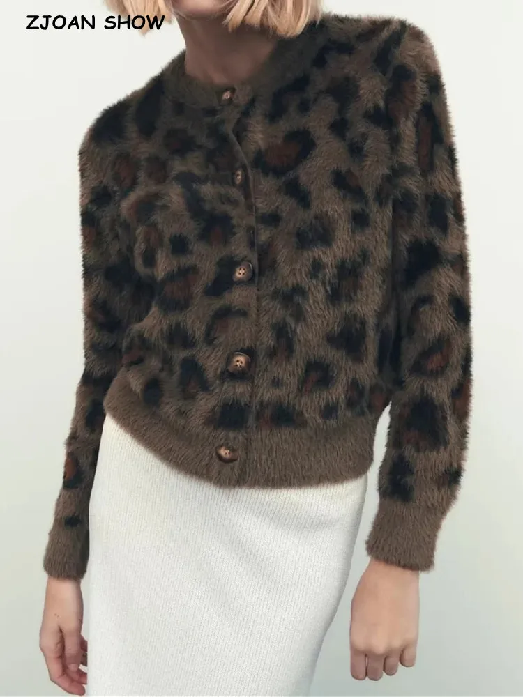 

Трикотажный Леопардовый женский свитер в стиле ретро с круглым вырезом и пушистыми вставками