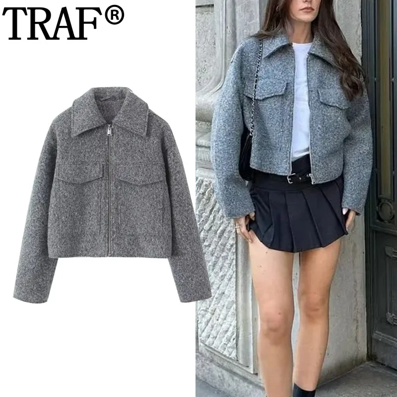 

TRAF Grey Cropped Jacket For Women Faux Sheepskin Coat Woman Winter 2023 Zip Up Women's Bomber Jackets Long Sleeve New In Coats