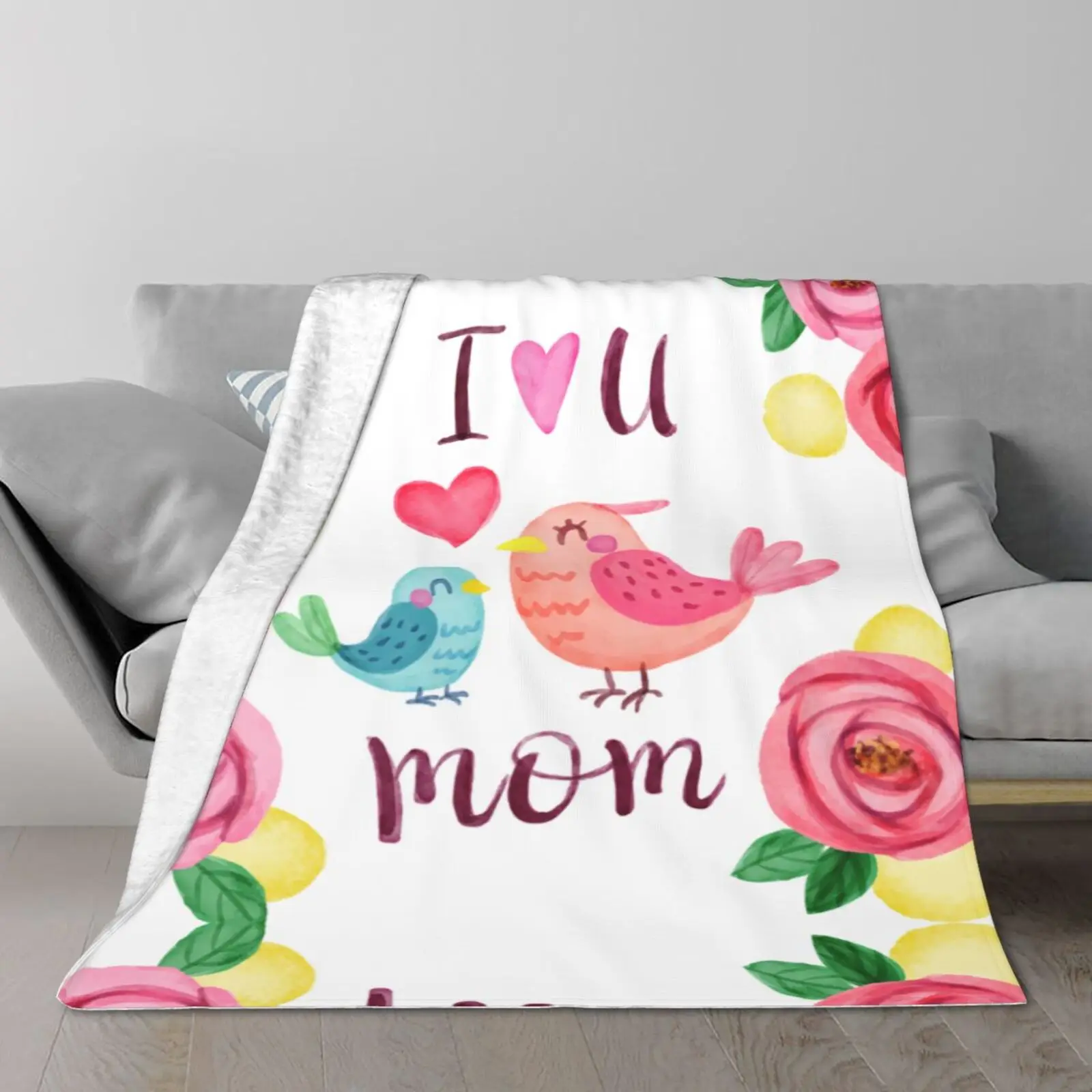 

I Love U Mom Mothers Day Blankets for Beds Flannel Birds Throw Blanket Home Holiday Couch Bed Single Side Printed 80x60 Inch