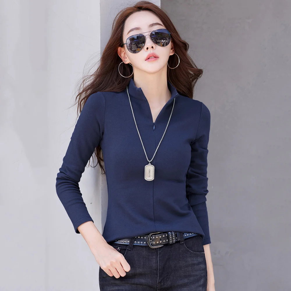 

New Women Invisible Zipper Fly Half High Collar T-shirt Spring Autumn Fashion Simplicity Basic Slim Long Sleeve Tees Tops