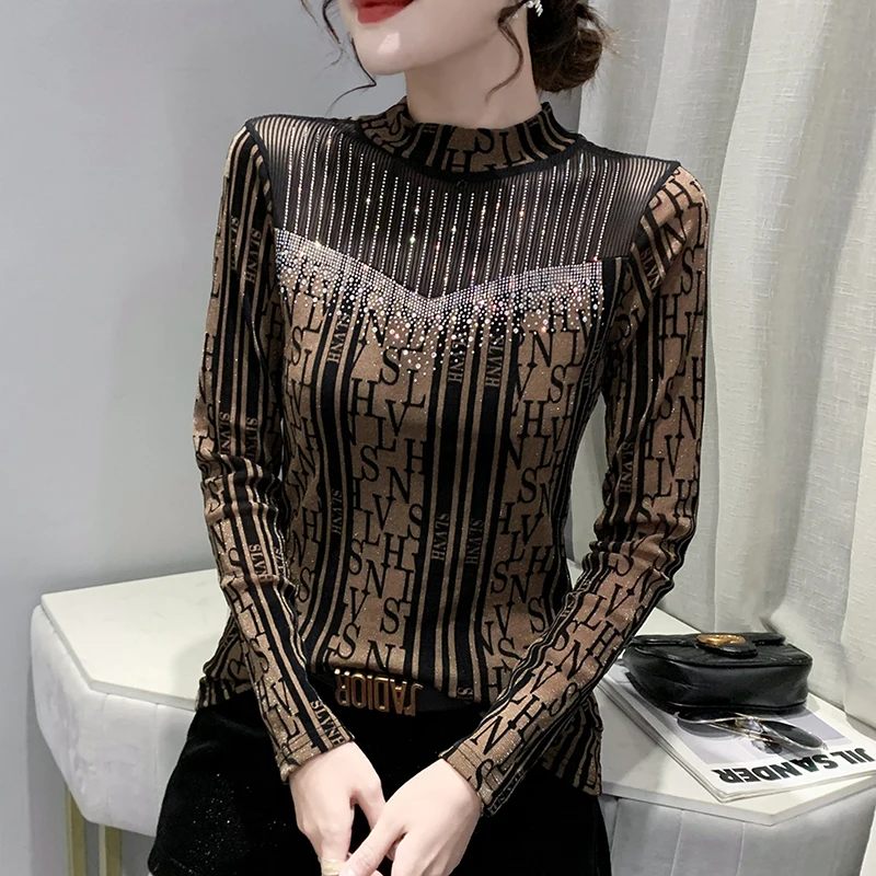 

Fall Winter Clothes Casual T-Shirt Fashion Sexy Spliced Shiny Diamonds Letter Women Tops Drill Hand Made Long Sleeve Tees 1169
