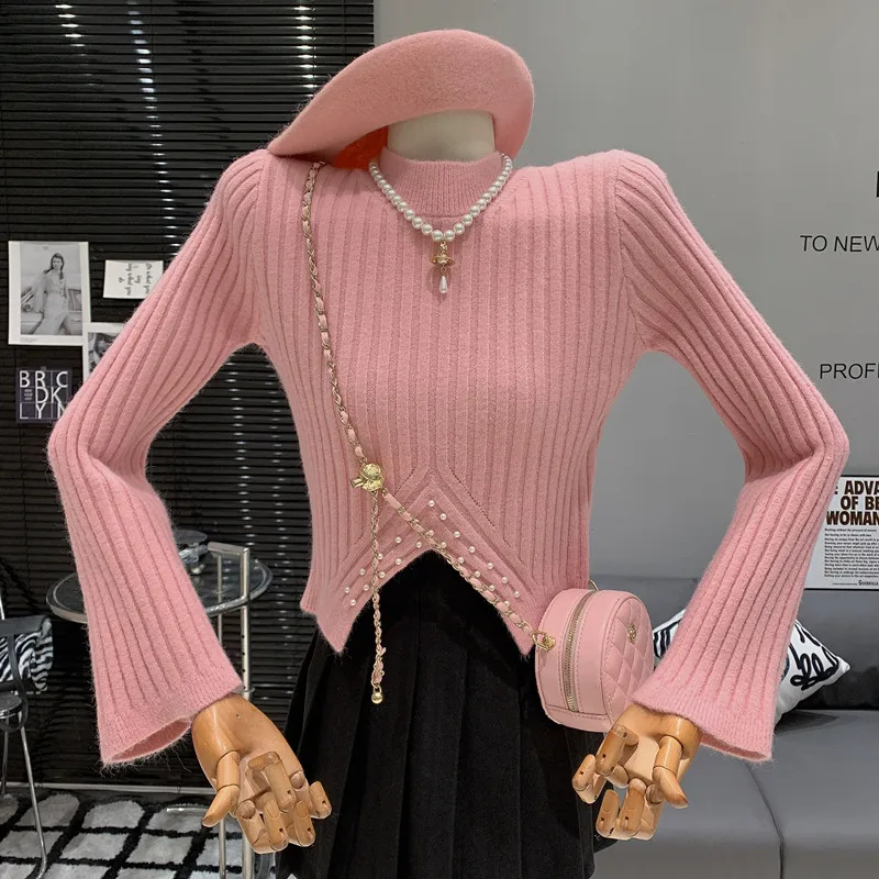

Fashion Versatile Beaded Hem Split Round Neck Slim Fit Long Sleeve Knitted Pullover Sweater Top for Women