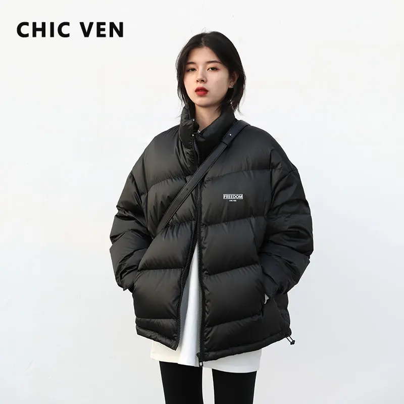 CHIC VEN Women's Down Jacket Thick Warm Loose Stand Collar 90 White Duck Down Jacket Female Casual Bread Jacket  Autumn Winter