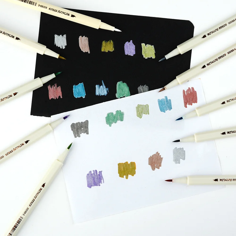 

10pcs Metal Paint Pens Colorful Marker Set Soft Brush Head Pearlescent Watercolor Pen