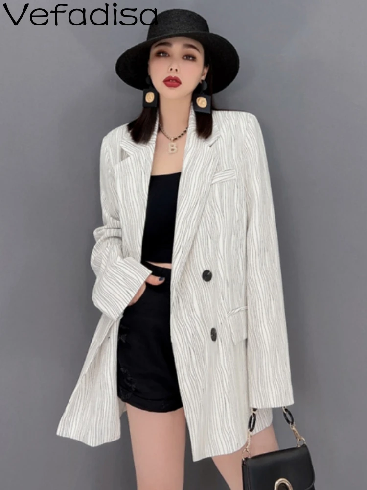 

Vefadisa 2023 Autumn Women New Long Sleeves Suit Coat Loose Leisure Double Breasted Cotton Linen Coat White Top LHX1444