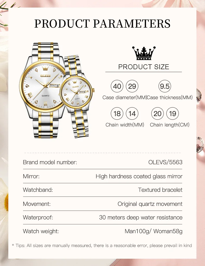 OLEVS 5563 Luxury Golden Diamond-encrusted Quartz Watch Couple Stainless Steel Strap Fashion Waterproof Lover's Wristwatch Set