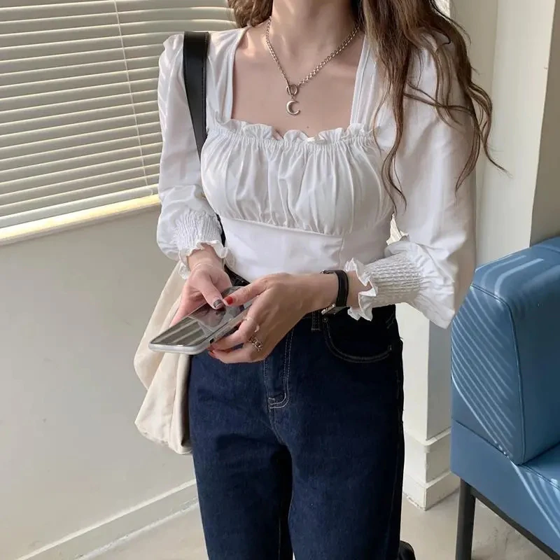 

MEXZT Vintage Plaid Blouses Women Korean White Folds Square Collar Shirts Office Lady Elegant Bandage Puff Sleeve Slim Crop Tops