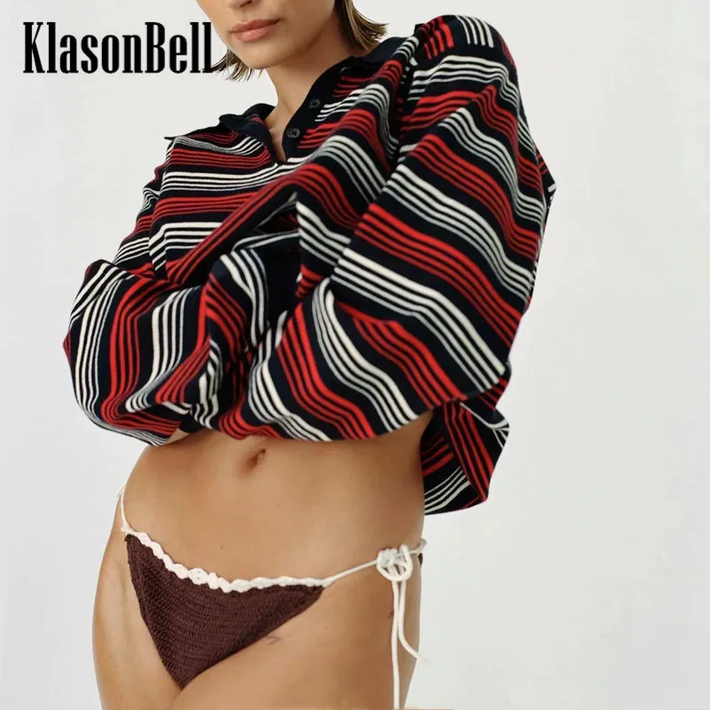 

8.15 KlasonBell Vintage Contrast Color Striped Print Lapel Long Sleeve Cotton Sweater Pullover Knitwear Women