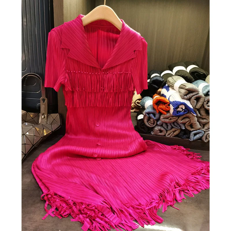 

Senior Sense of Beading Fringe Design Short-sleeved Pleated Dress Women 2023 New Temperament Commuting Miyake Skirt Clothing