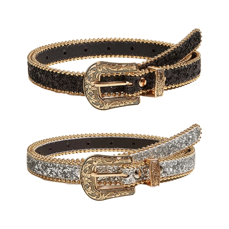 

Western Sequins Belt Crystal Studded Luxury Pin Buckle Belt for Skirt Jeans NEW