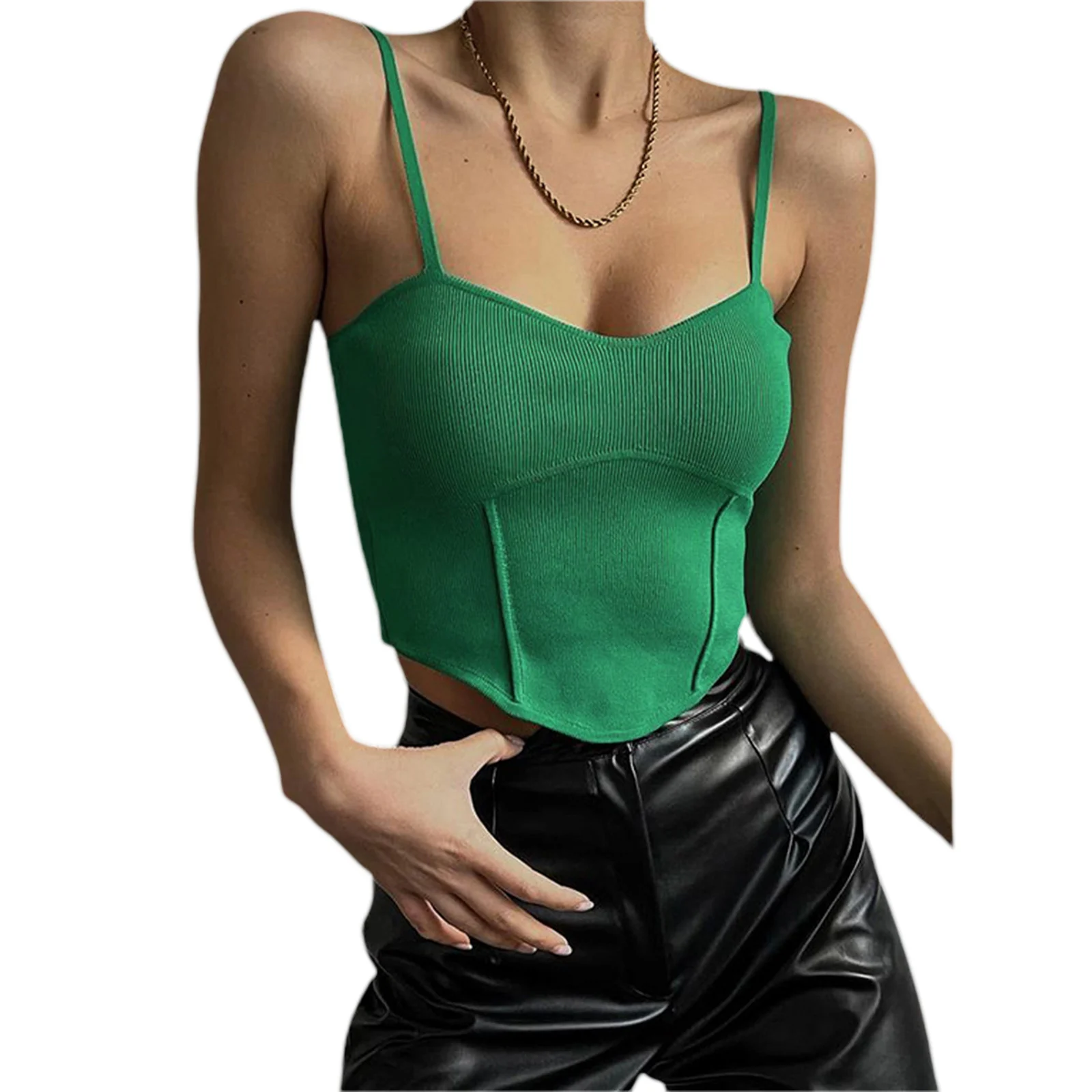 

Женский облегающий Топ без рукавов, однотонный укороченный топ на бретелях-спагетти, с V-образным вырезом, для девушек, на лето