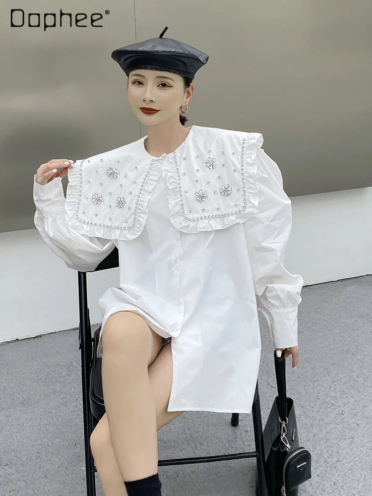 

2022 Spring New Rhinestones Ruffled Women's Shirt Fashion Sweet Doll Collar Long Sleeve Solid Color Cute Top Trendy Women Shirts