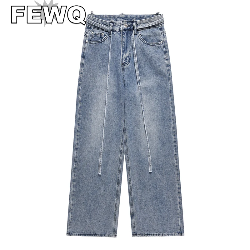 

FEWQ Jeans Male Streetwear Solid Color Casual Denim Trousers Men's Loose Straight Vintage Drwastring Pant 2023 Spring New 24B946