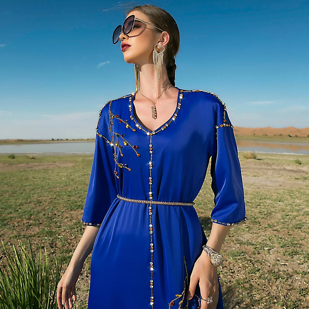 Muslim Sets Long Dress Sapphire Satin Sleeve Long Dress Dubai Travel Evening Dress Abaya Robe Wedding Dressds For Women 2022