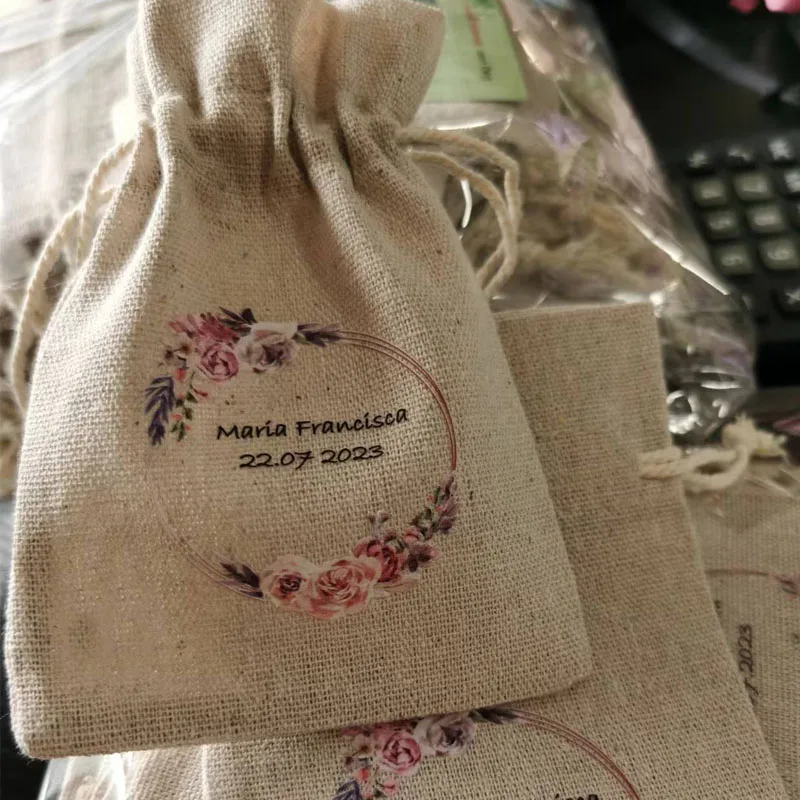 Natural Linen Gift Bags 8x11cm 9x12cm 10x15cm 13x17cm Pack of 50 Custom Logo Jute Jewelry Sack Makeup Drawstring Pouches images - 6