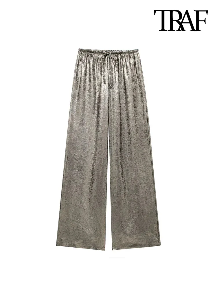 Брюки женские прямые металлические с высокой эластичной талией и кулиской