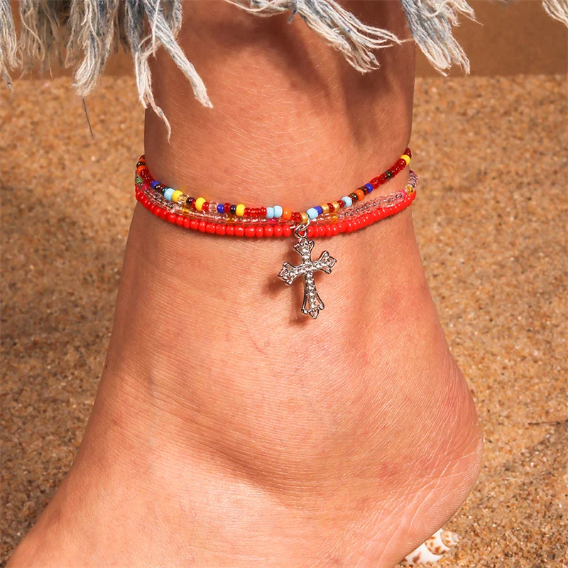 

Colorful Bohemian Beaded Anklets For Women Summer Beach Handmade Cross Charm Seed Beads Ankle Bracelet Foot Jewelry Gifts