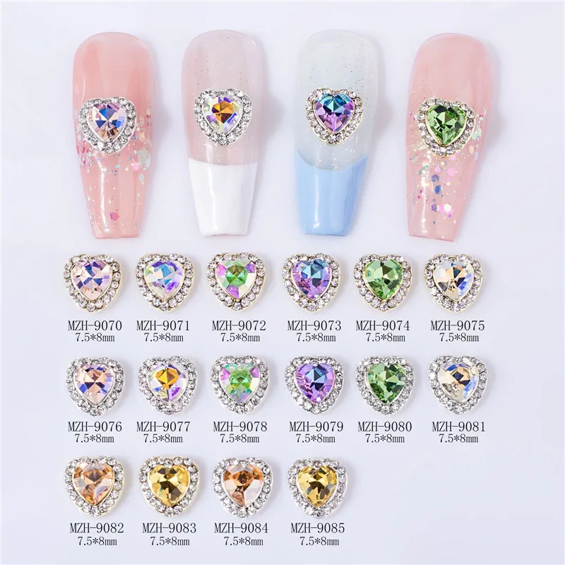 

10PCS/Pack Rhinestone Nail Gems Heart Design Crystal Charms Nail Decoration Gold/Silver Bottom Nail Art Jewelry Nail Rhinestones