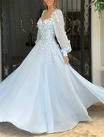 a line elegant floral engagement prom dress birthday scoop neck long sleeve floor length chiffon with appliques butterfly