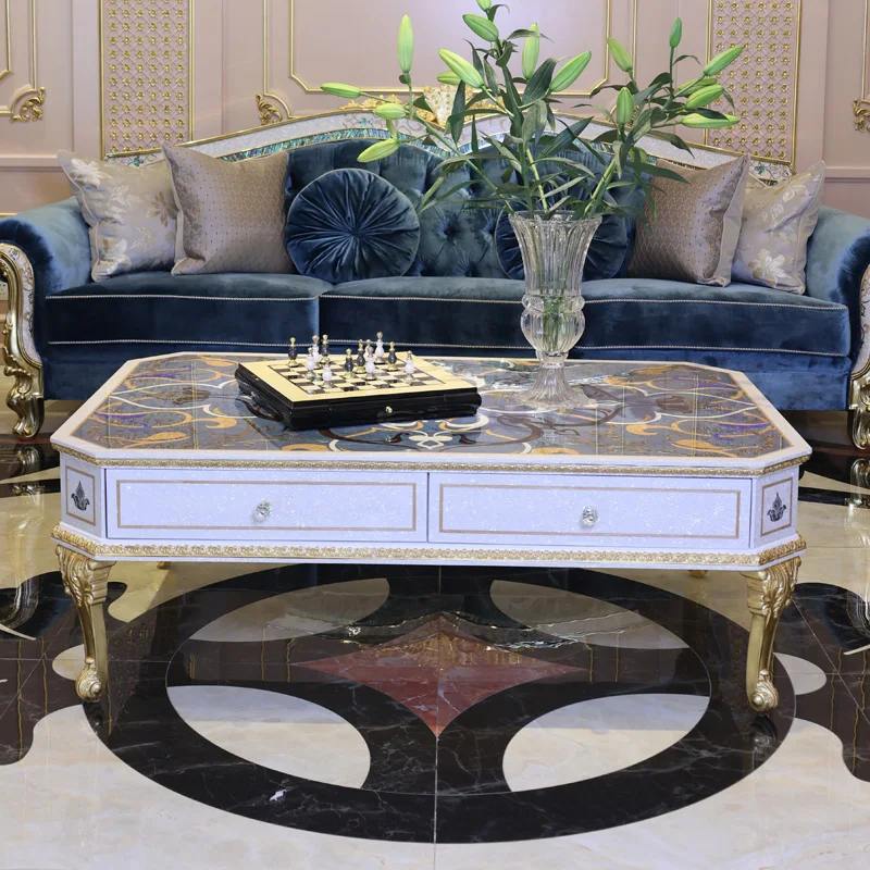 

Роскошный французский квадратный чайный столик из красного дерева с мозаикой из ракушек для гостиной из массива дерева и золотой фольги