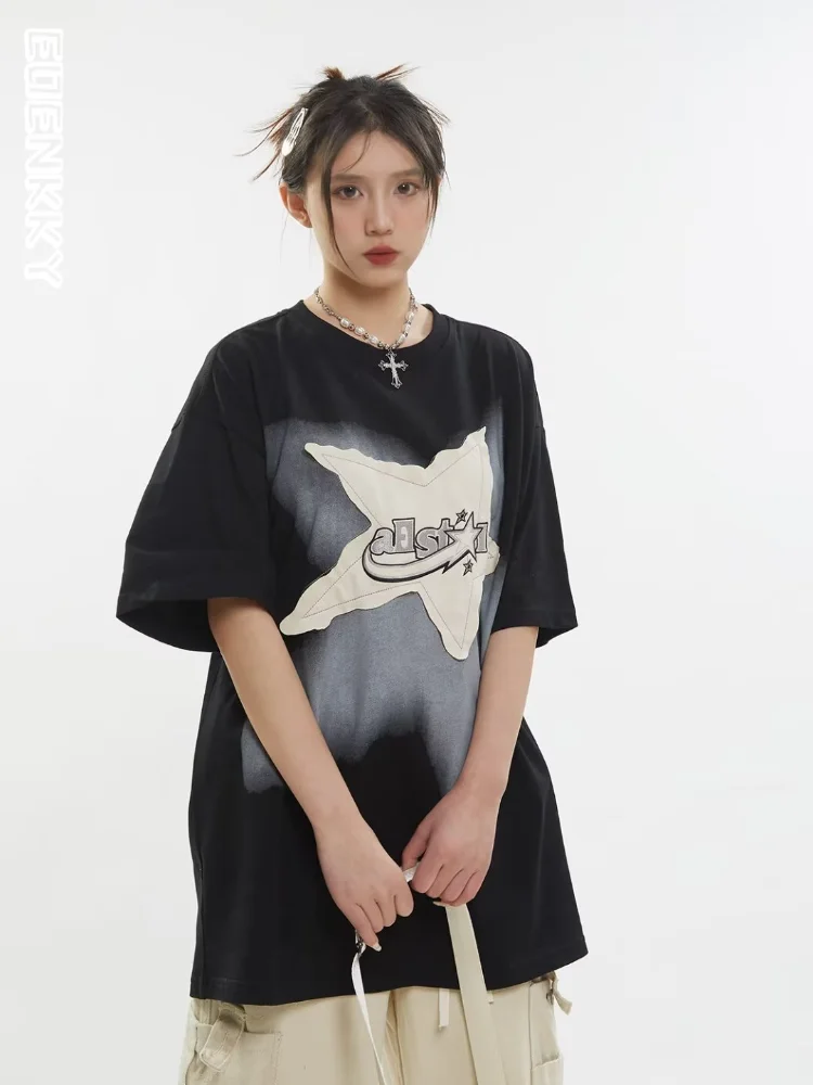 

Patch Star Y2k T-shirt Women Oversized High Street Summer Tops Female Hip Hop Embroidery Half Sleeve Tee Shirts 2023 Unisex