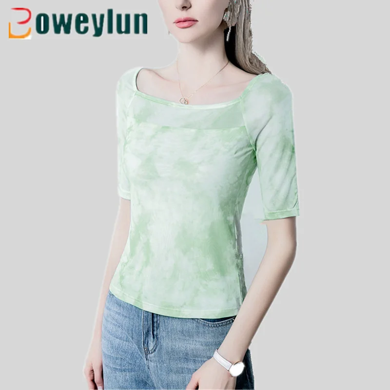 Футболка Boweylun женская с принтом пикантный топ квадратным вырезом и сетчатым