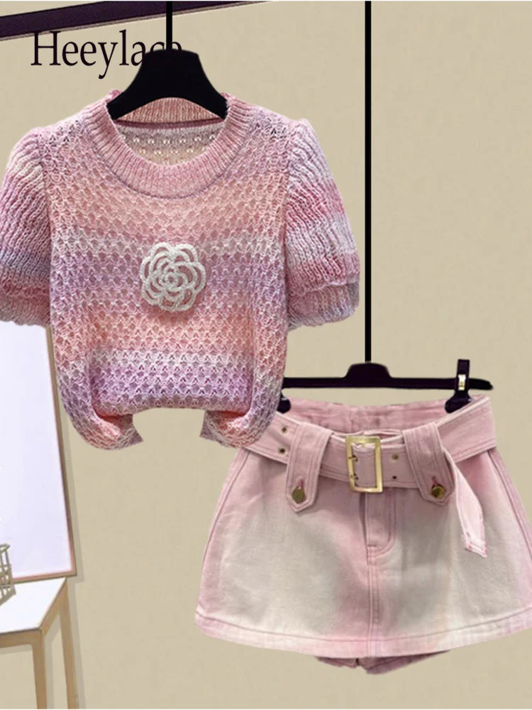 

Летний комплект из двух предметов, женская одежда, милые корейские трикотажные топы и джинсовые шорты и юбки, женская одежда 2023