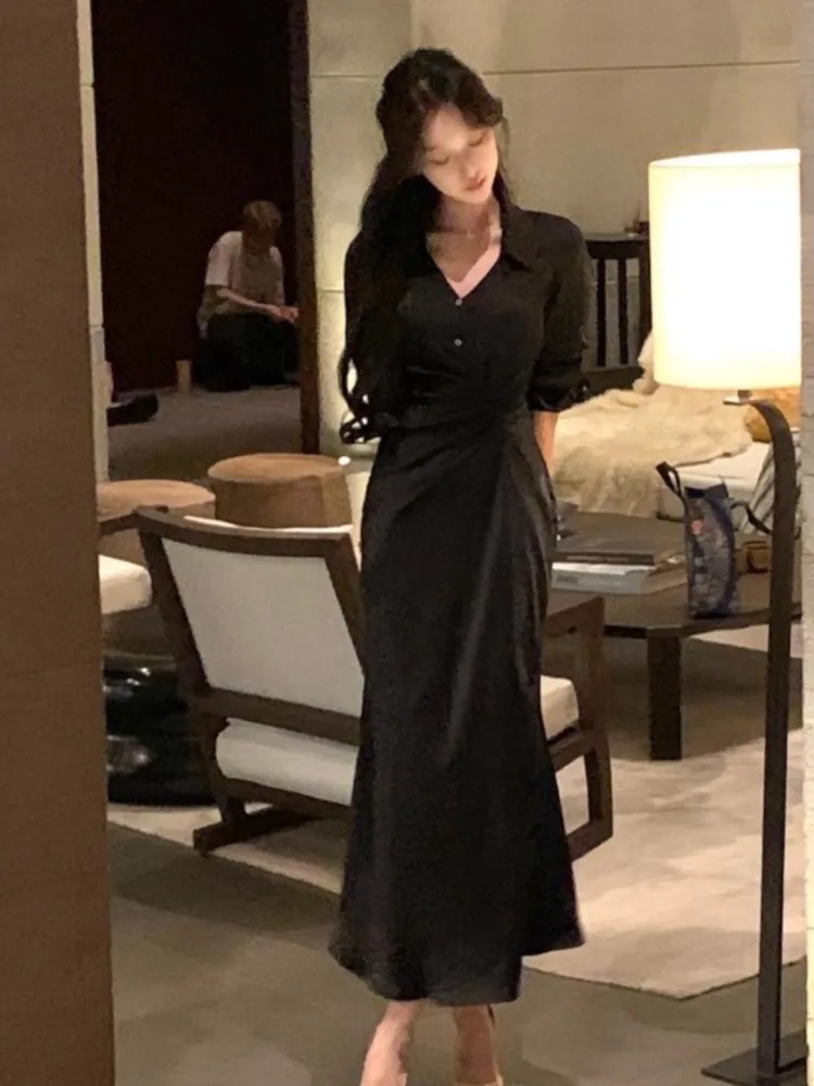 Осенние белые платья-рубашки с v-образным вырезом для женщин элегантное