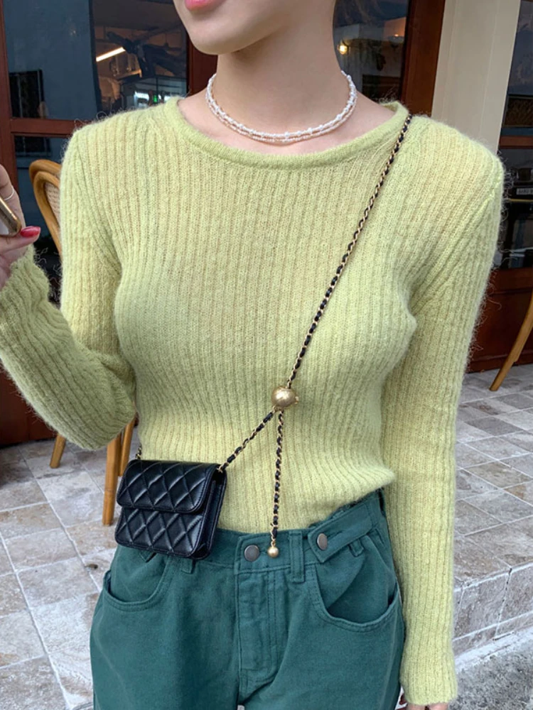 

Модные вязаные корейские Топы Korobov, простой однотонный винтажный свитер, нежный приталенный пуловер с круглым вырезом, одежда Y2k, свитера