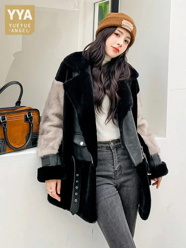 

Fashion Women Winter Mink Fur Patchwork Wool Overcoat Loose Fit Warm Real Fur Coat High Street Motorcycle Style Lambswool Jacket