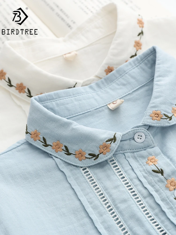 

New Spring Women Double-layer Cotton Shirts Full Sleeve Embrodiery Floral Loose Casual Soft Blouse Office Lady Work Wear T34405X