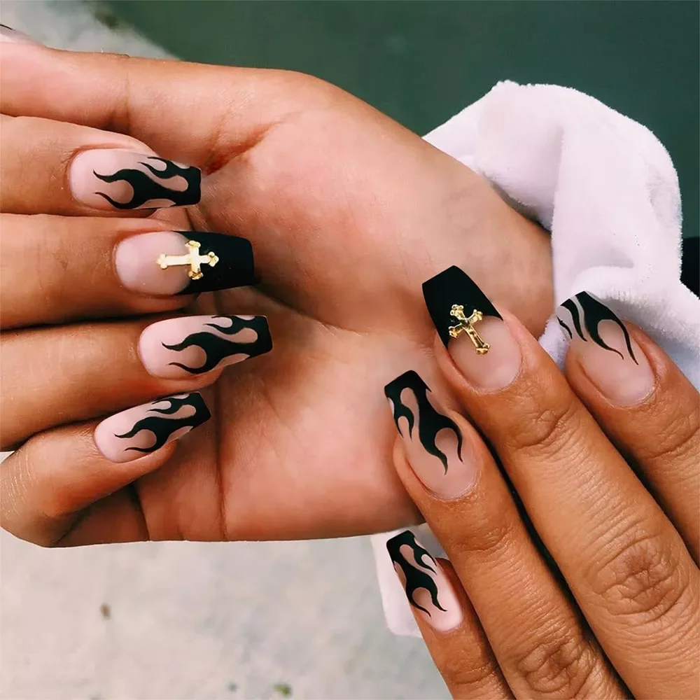 Fake Nails With Glue Long Coffin Black Pink Flame Press on Nails Detachable French Stick on Nails Art DIY Manicure Tool