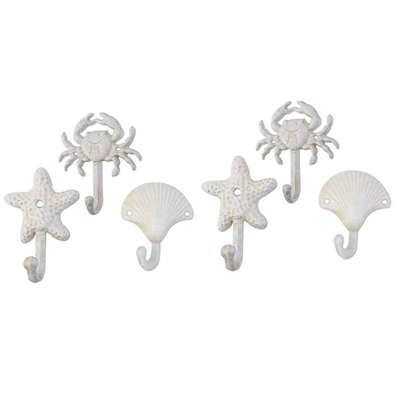

New Set Of 6 Starfish Seashell Crab Cast Iron Decorative Wall Hooks Coats Aprons Towels Hooks Beach Ocean Theme Metal Hooks