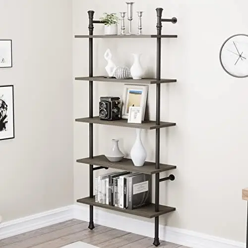 Bookshelf, 5 Tier Industrial Open Vintage Bookcase, Rustic Wood and Metal Book Shelf, Tall Modern Book Case for Office Home Livi