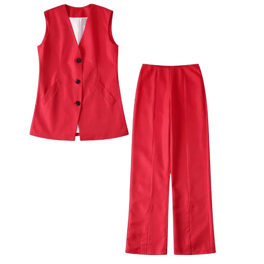 

PB & ZA2022 summer new women's clothing fashion temperament commuting loose casual red vest + wide leg pants suit
