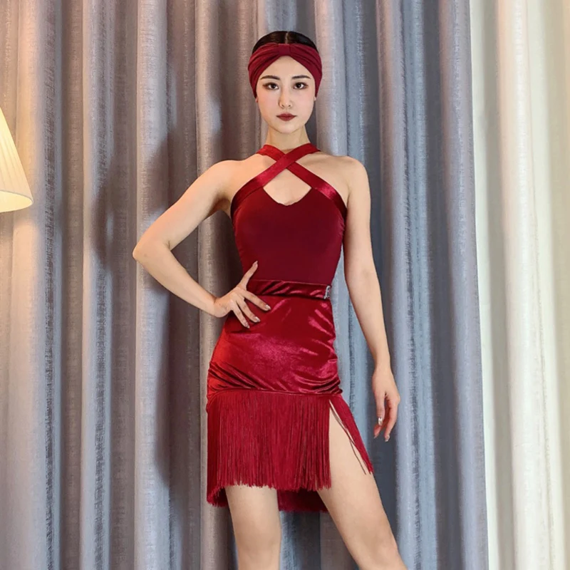 

Velvet Latin Dance Costume For Women Halter Tops Fringe Skirt Outfit Tango Dancing Dress Rumba ChaCha Practice Dancewear YS3980
