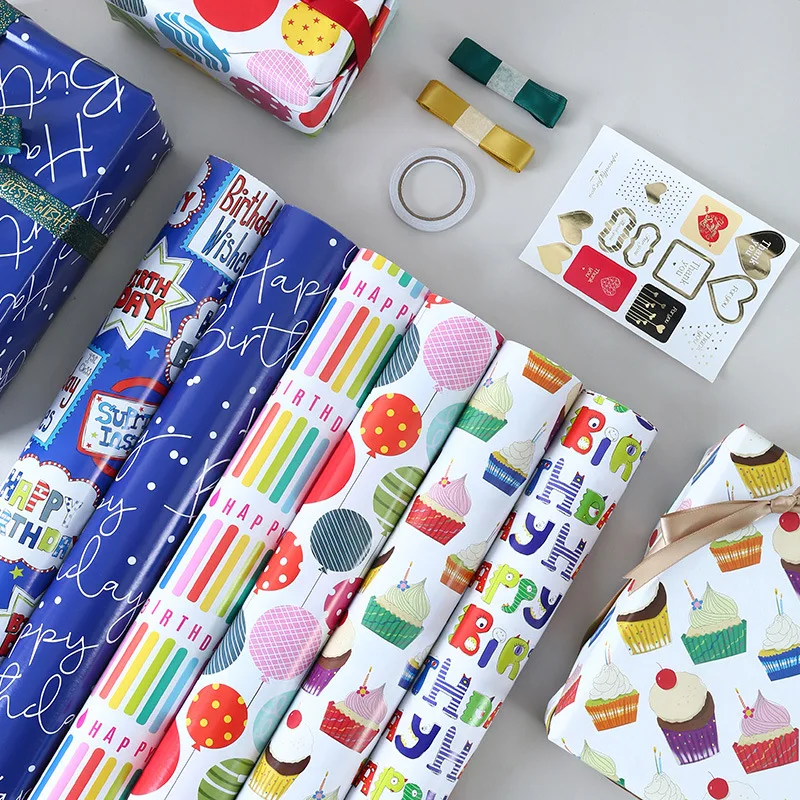 Happy Birthday Candle Balloon Ice Cream Gift Box Holiday Gift Wrapping Paper