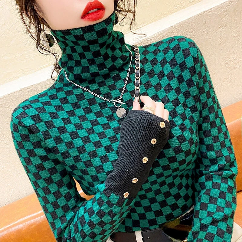 

Fashion Plaid Stacked Collars Bottoming Shirt Women's Autumn Winter New Long Sleeve Knitted Sweater Top