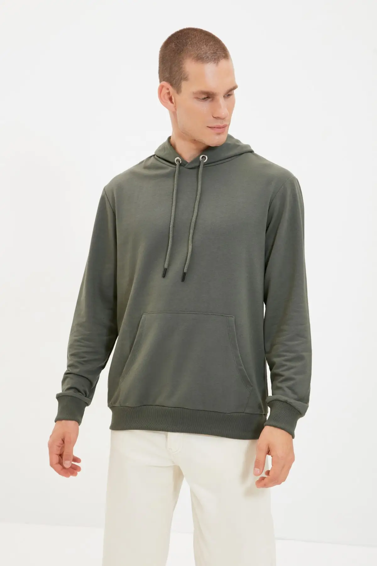 Мужская толстовка цвета хаки с капюшоном и карманом кенгуру длинным рукавом