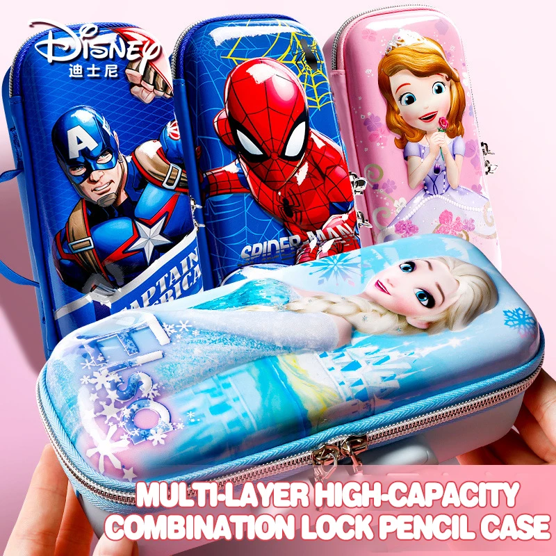 Disney New Password Stationery Box 3D Frozen Elsa Spiderman 3-story Super Capacity Kawaii Pencil Case Boys & Girls Cute Gifts