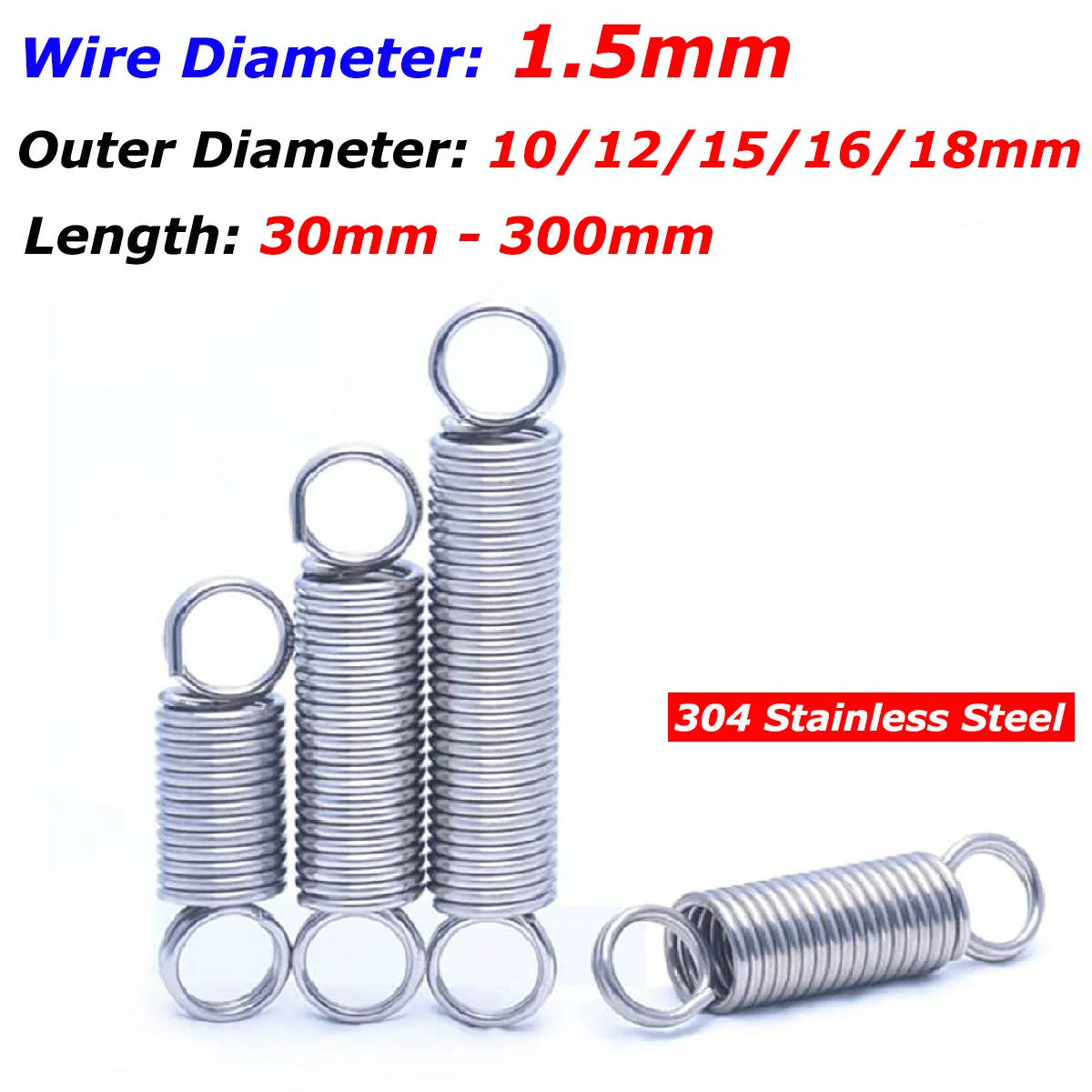 

1.5mm Wire Dia 304 Stainless Steel Tension Spring Ring Hook Extension Spring Pullback Spring OD 10/12/15/16/18mm Length 30-300mm