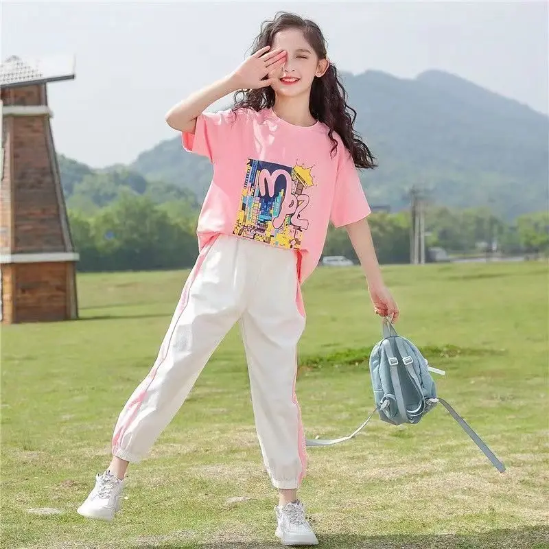 

Summer Casual Kids Top Tees Sets Girls T-Shirt + Striped Pants Set Cartoon Printed Children 2 Pieces Clothing For 3-15 Years
