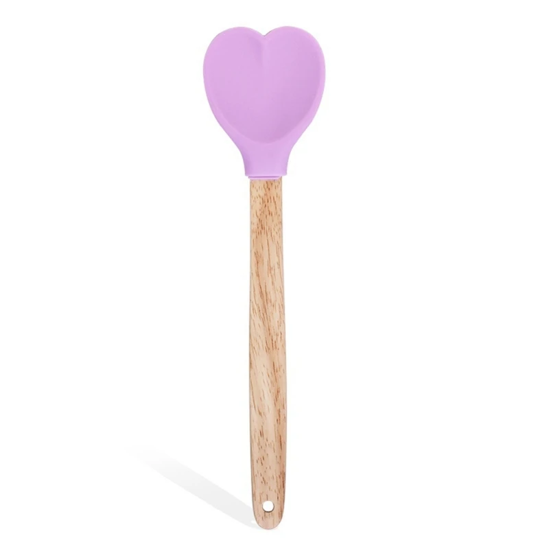 H55A Silicone Heart Shape Pastry Spatula Wood Handle Cookie Spoons Baking Stirring Spoon Kitchen Cooking Hot Anti-scald Spoon