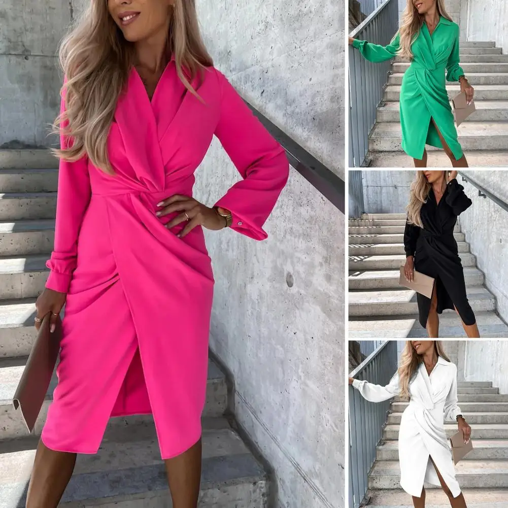 

Women Autumn Dress Irregular Lapel Long Sleeve Slim Dress Up High Split Drape Casual Prom Dress Sexy Ladies Dress Women Clothing