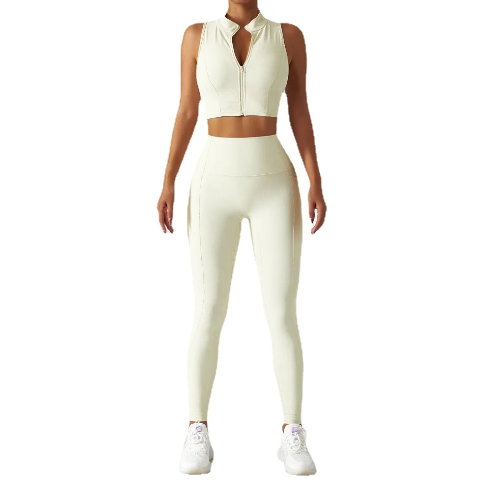 Breathable zipper long sleeve yoga clothes set female training outside wear fitness clothes high strength tight running sports s